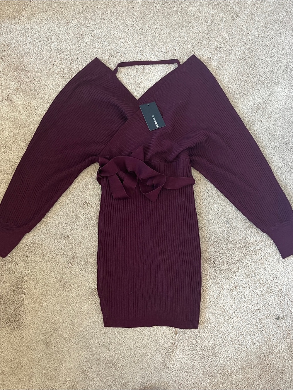 Fashion Nova | Burgundy Ribbed Knit Tie Waist Sweater Mini Dress | NWT